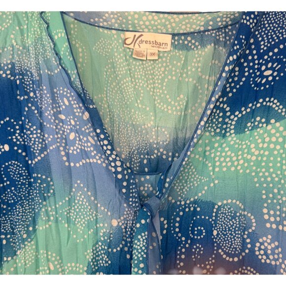 Dressbarn Woman Size 3x Blue & Green Swirl Polka Dot Sheer Blouse Lightweight - Picture 2 of 7